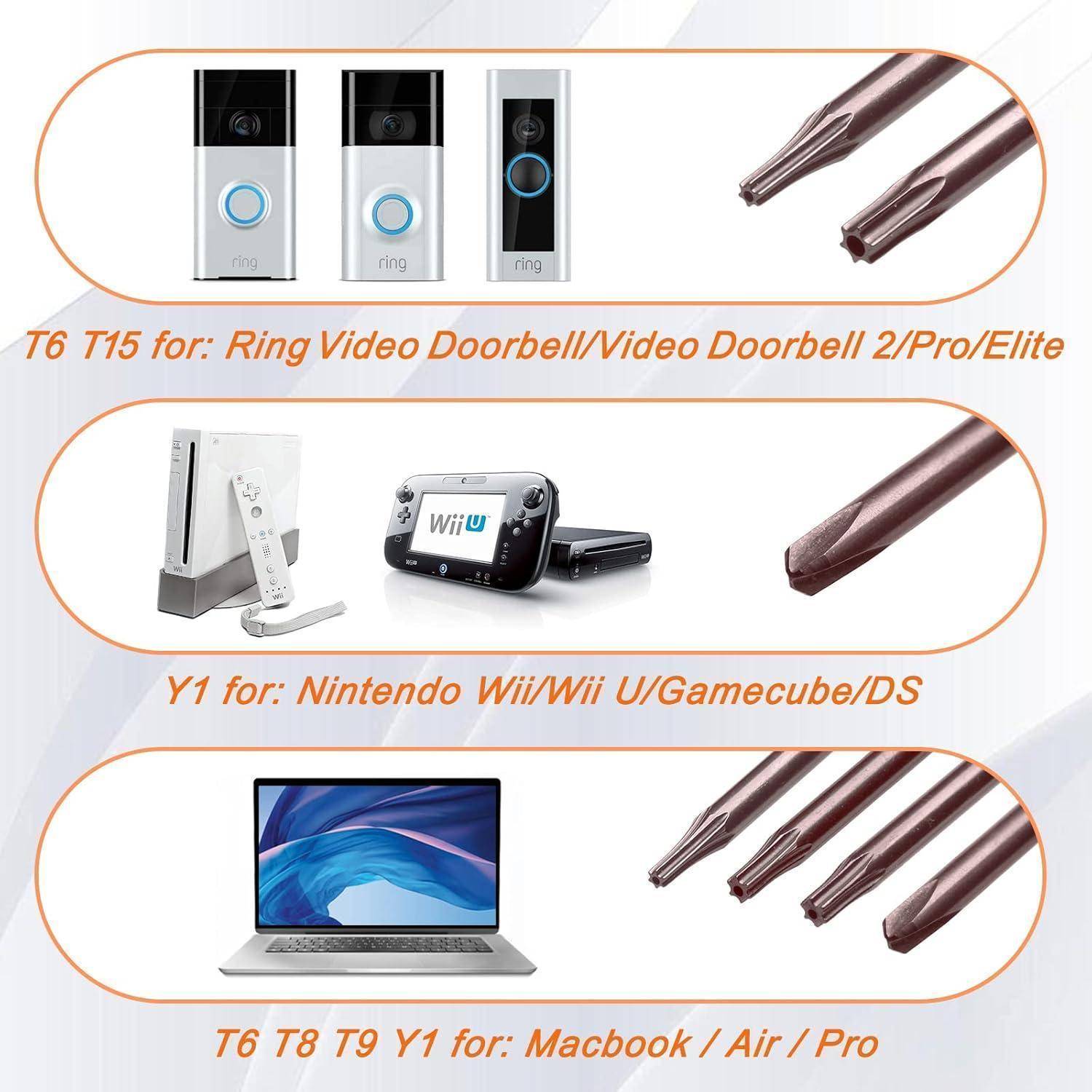 Torx-Schraubendreher für Ring-Türklingeln, Nintendo-Konsolen und Macbooks; umfasst die Modelle T6, T15 und T9 für spezifische Geräte.