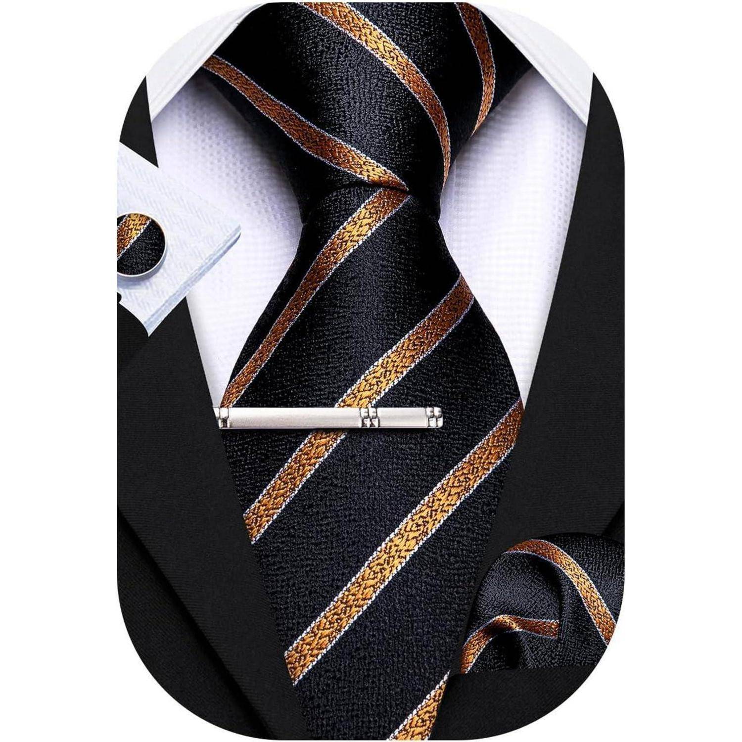 Krawatte Herren Seide Paisley Einstecktuch Hochzeit Schwarz goldfarben
