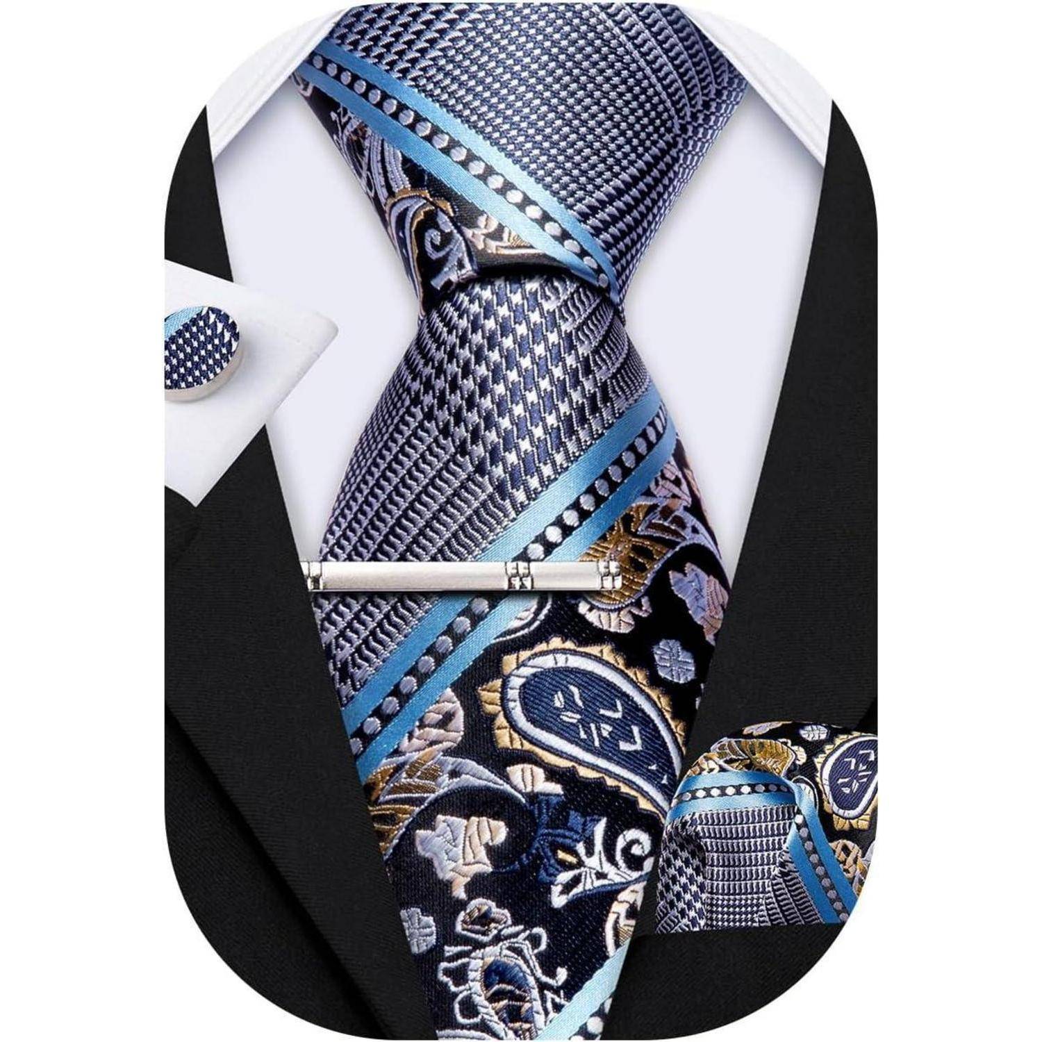 Krawatte Herren Paisley Set Einstecktuch Manschettenknöpfe Blau Grau