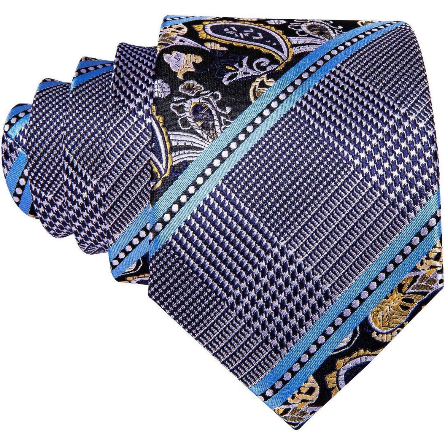 Krawatte Herren Paisley Set Einstecktuch Manschettenknöpfe Blau Grau