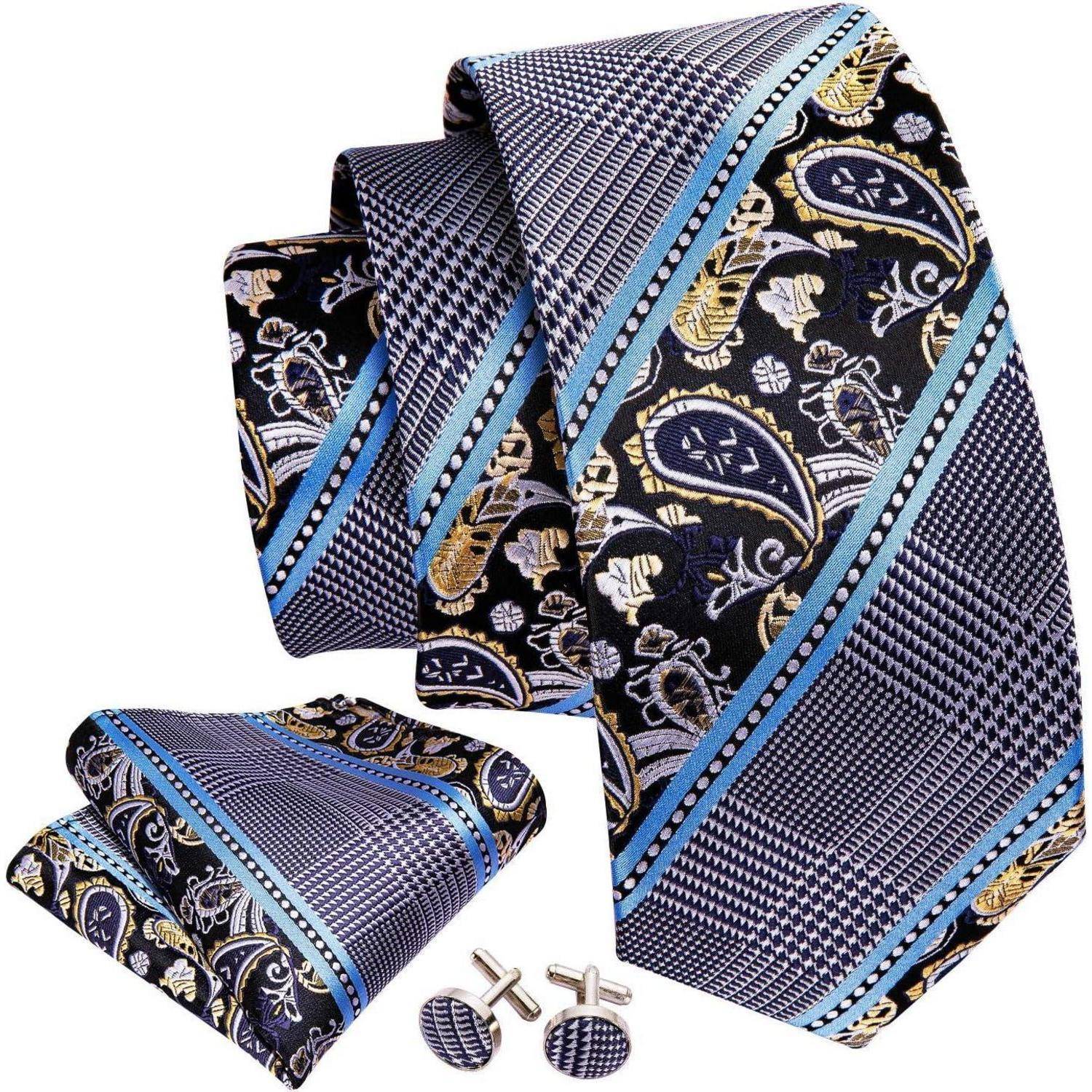 Krawatte Herren Paisley Set Einstecktuch Manschettenknöpfe Blau Grau
