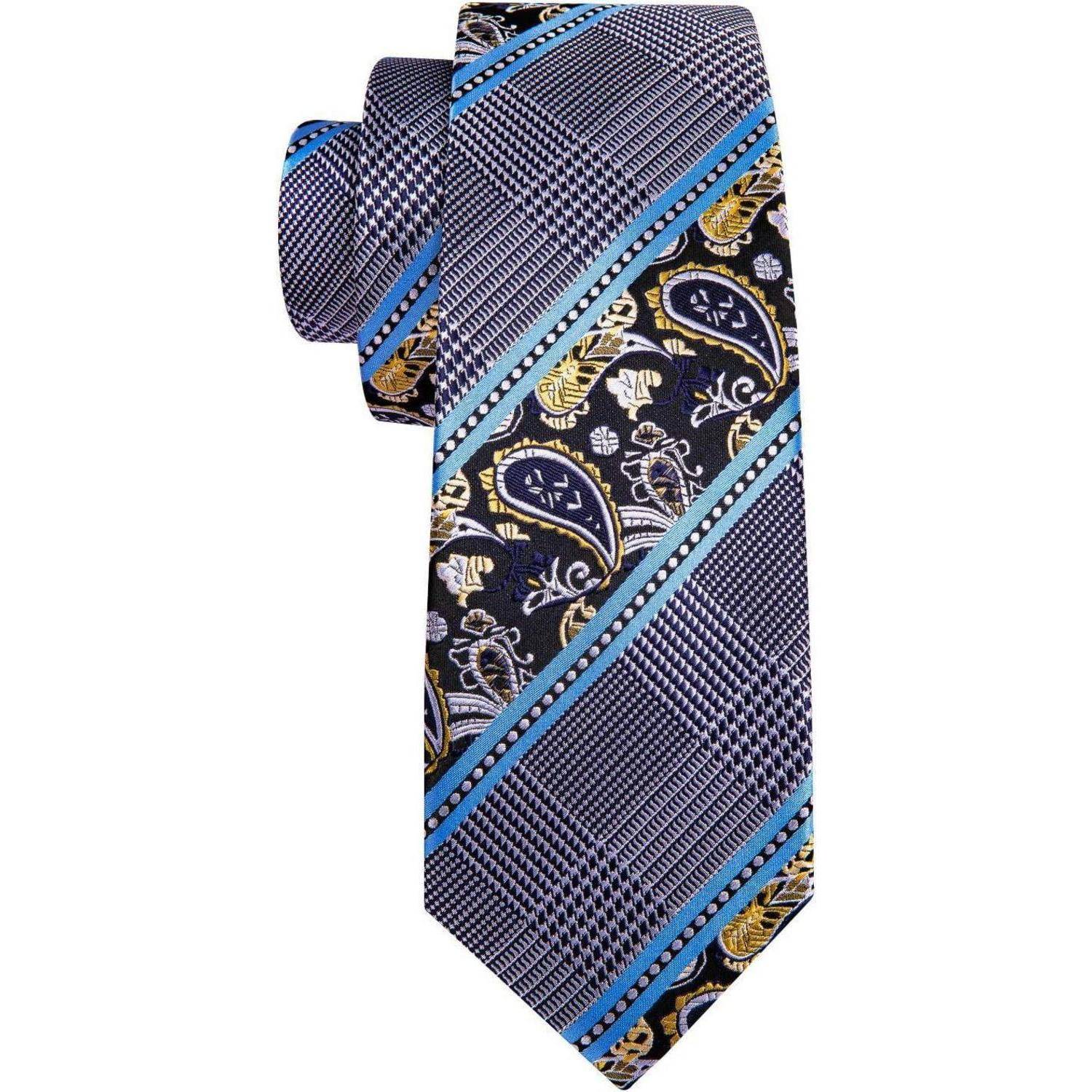 Krawatte Herren Paisley Set Einstecktuch Manschettenknöpfe Blau Grau
