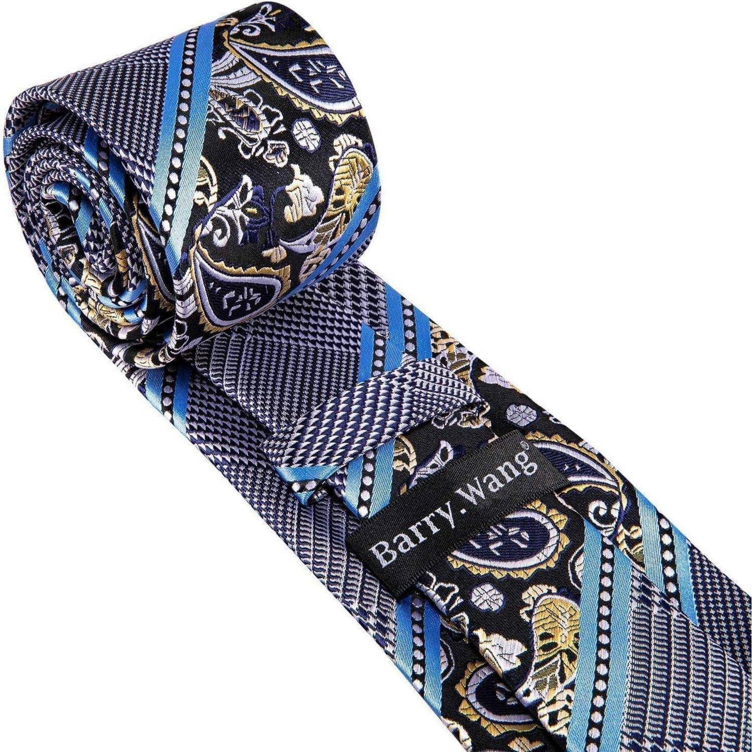 Krawatte Herren Paisley Set Einstecktuch Manschettenknöpfe Blau Grau