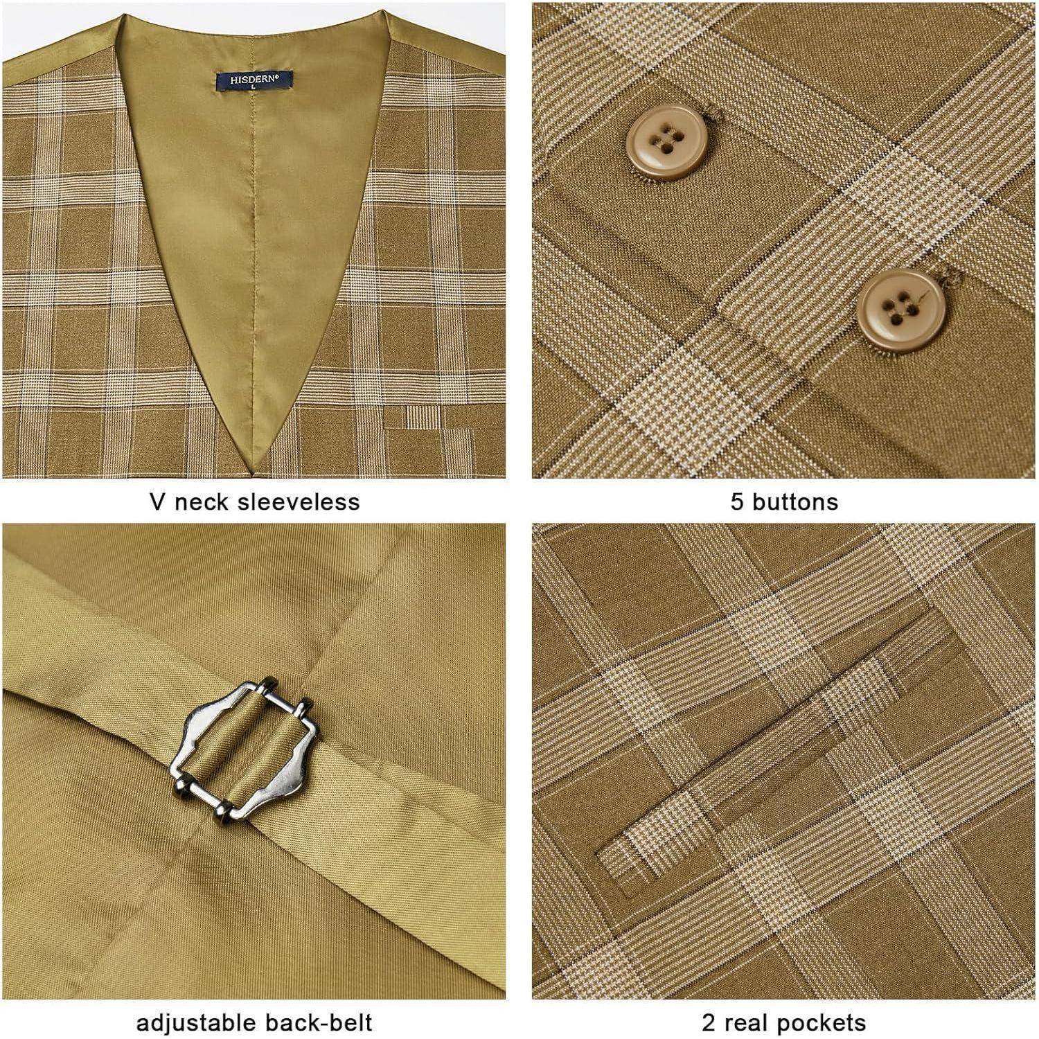 Vierteilige Bildcollage einer karierte V-Ausschnitt-Weste: oben links Gesamtdesign, oben rechts Knopfdetail, unten links verstellbarer Rückengürtel, unten rechts zwei echte Taschen.