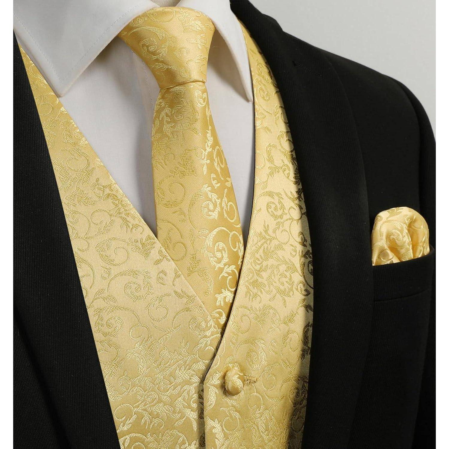 Weste Herren Paisley Jacquard Krawatte Pocket Square 4XL 004-Gelb