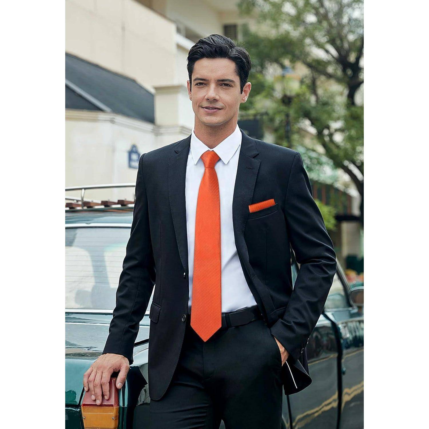 Krawatte Herren Seide Paisley Set Einstecktuch Hochzeit E2 Orange