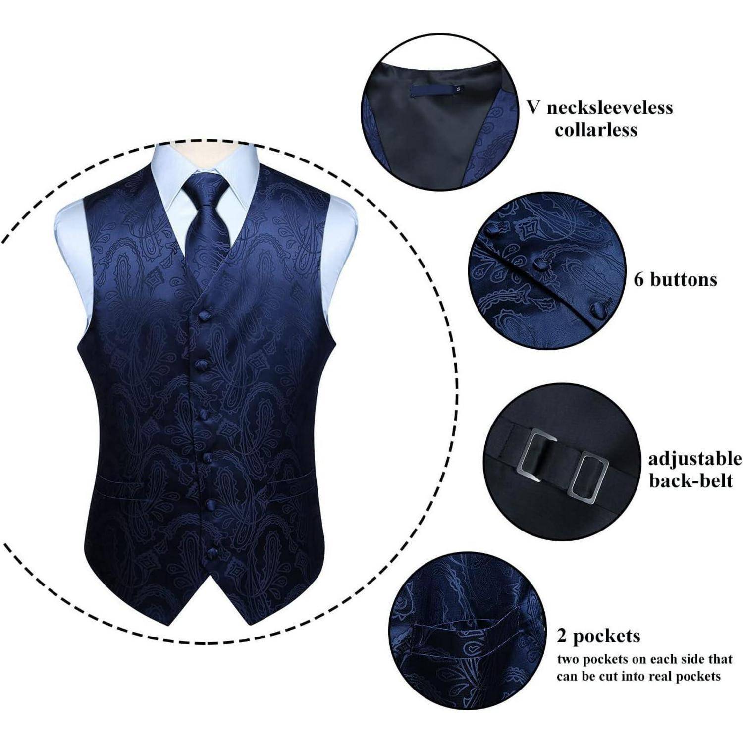 Eine marineblaue Paisley-gemusterte Weste mit V-Ausschnitt, sechs Knöpfen, ärmellos, verstellbarem Rückengürtel und zwei Taschen. Passendes Stoffmuster und Krawatte gezeigt.