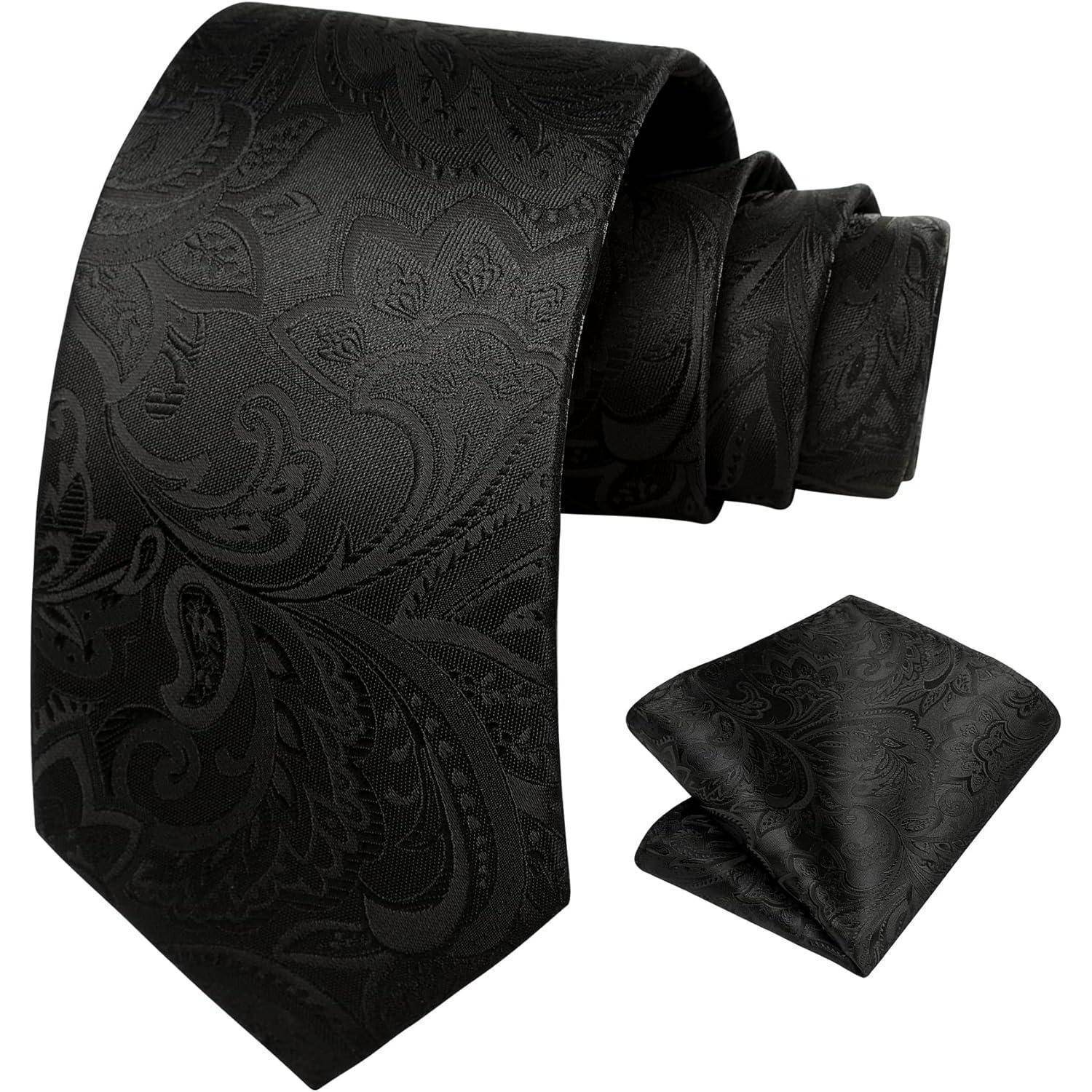 Krawatte Herren Einstecktuch Set Paisley Blume Hochzeit Schwarz