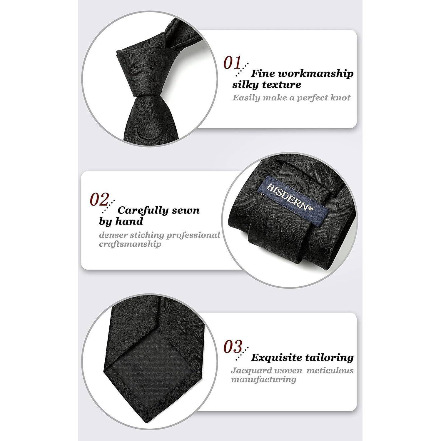 Krawatte Herren Einstecktuch Set Paisley Blume Hochzeit Schwarz