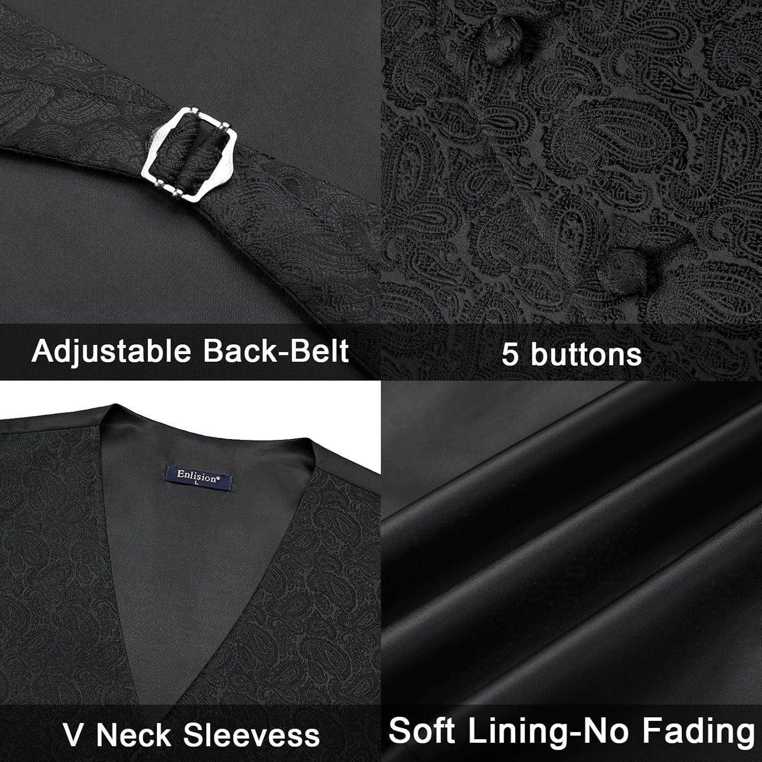 Schwarze Weste Details: verstellbarer Rückengürtel, 5 Knöpfe, V-Ausschnitt, strukturierter Stoff, weiche Fütterung ohne Ausbleichen, mit Aufschrift 'Edison'.