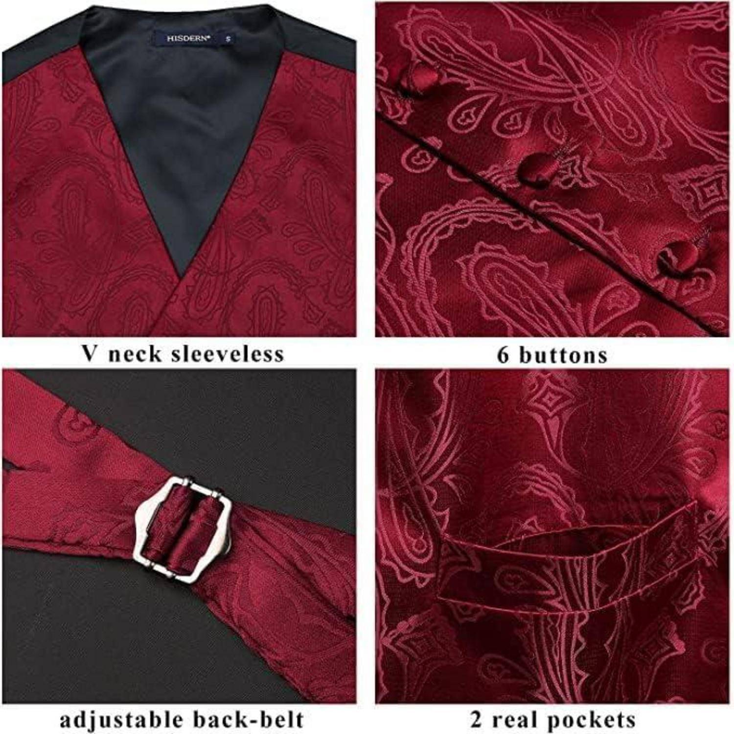 Eine detaillierte rote Weste mit Paisleymuster, V-Ausschnitt, sechs Knöpfen, verstellbarem Rückengürtel und zwei echten Taschen.