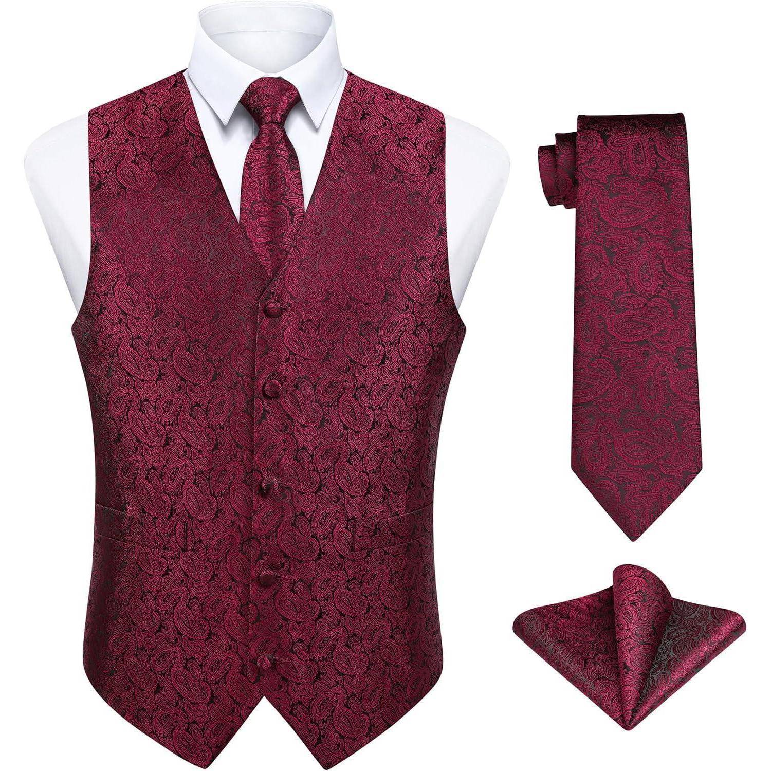 Weste Herren Paisley Jacquard Krawatte Anzugset S Rot Paisley-1