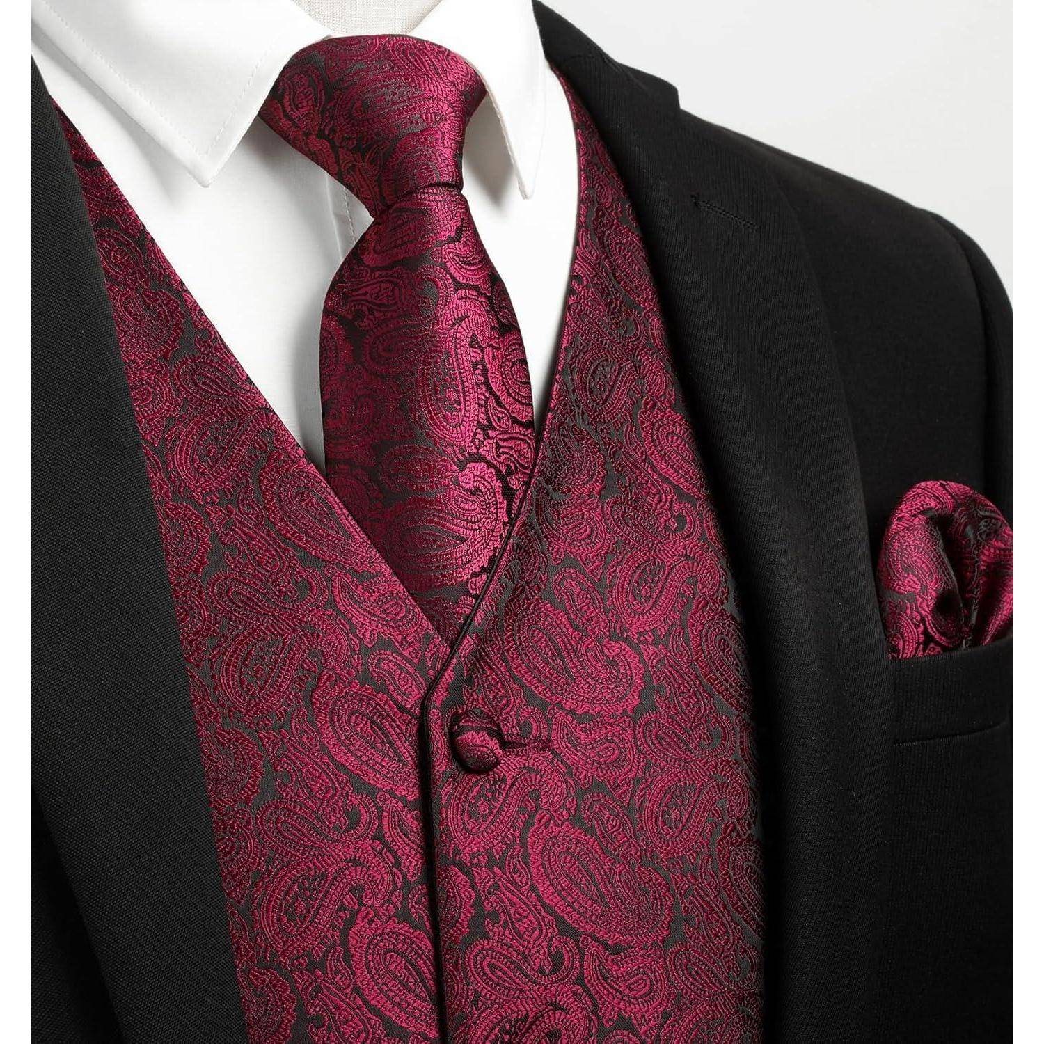 Weste Herren Paisley Jacquard Krawatte Anzugset S Rot Paisley-1