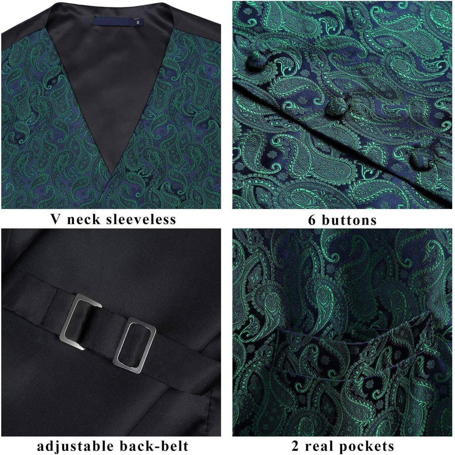 Eine petrolblaue Paisley-gemusterte Weste mit V-Ausschnitt und ärmelloser Passform, ausgestattet mit sechs Knöpfen, verstellbarem Rückengürtel und zwei echten Taschen.