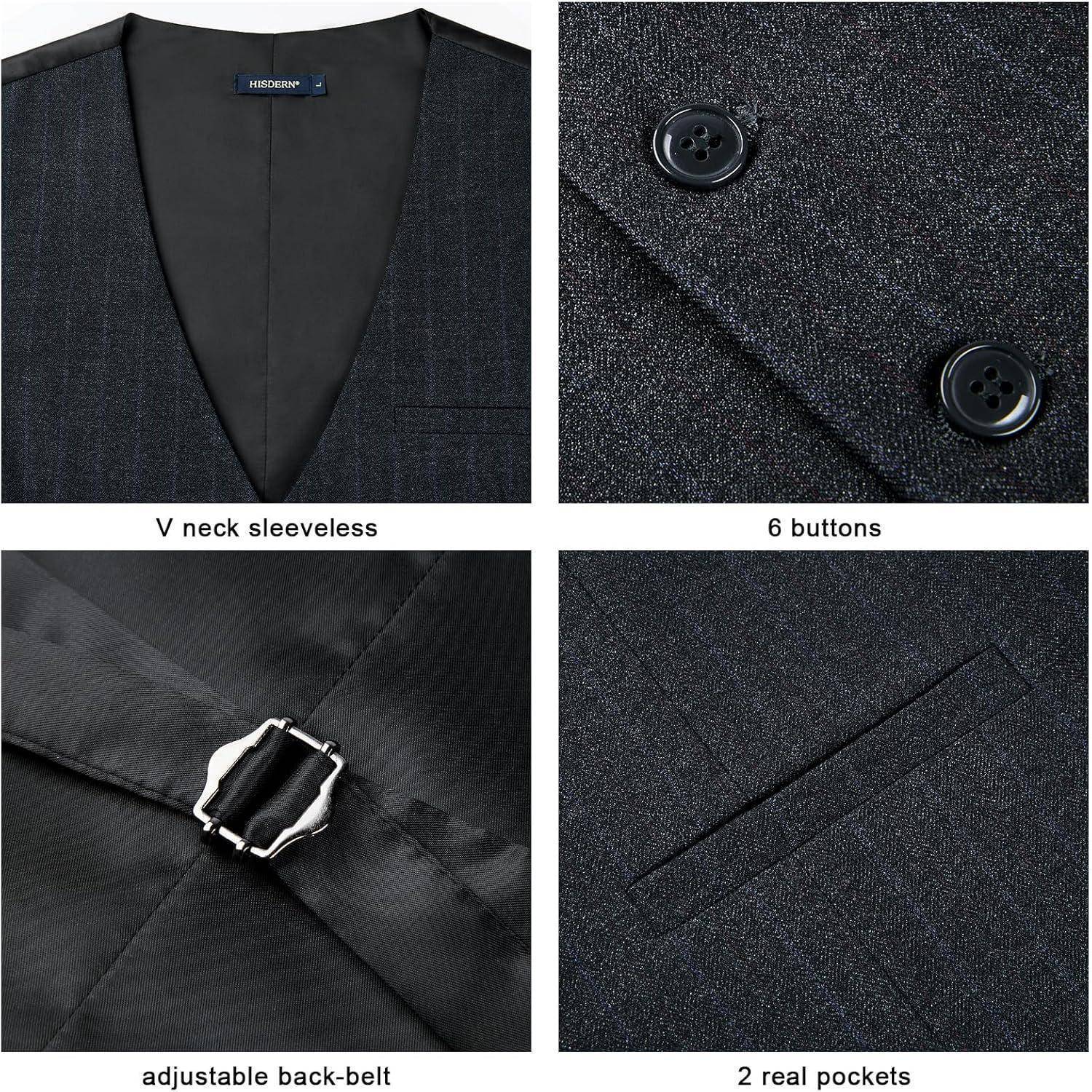 Ein dunkelgrauer, ärmelloser V-Ausschnitt-Weste mit sechs Knöpfen, verstellbarem Rückengürtel und zwei echten Taschen, die Detailaufnahmen präsentiert.