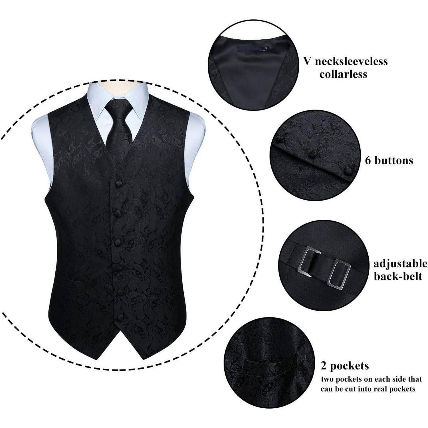 Schwarze formelle Weste mit Blumenmuster, V-Ausschnitt, ärmelloses, kragenloses Design; 6 Knöpfe; verstellbarer Rückengürtel; 2 Taschen.