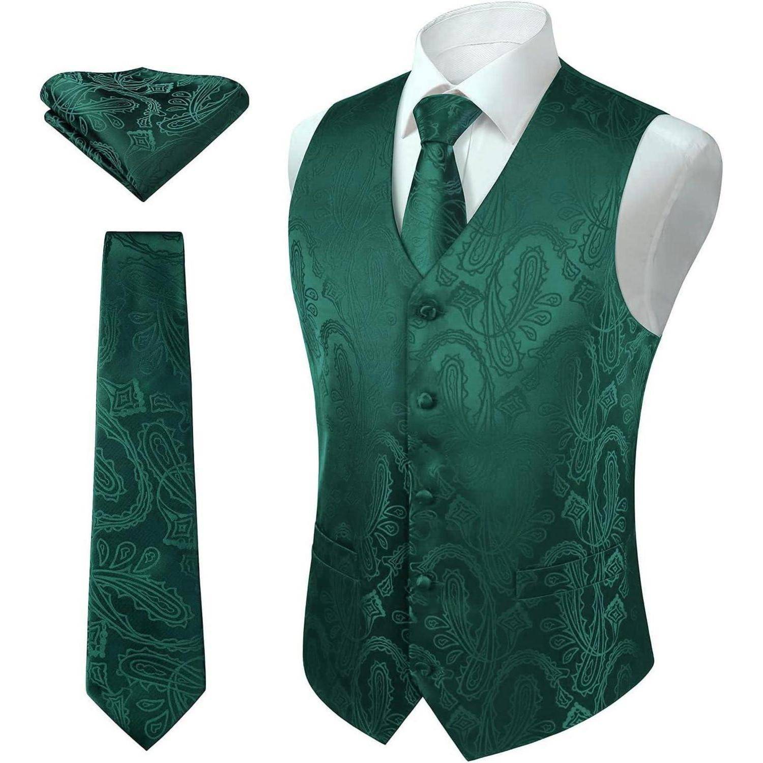 Weste Herren Paisley Jacquard Krawatte Pocket Square XXL Dunkelgrün