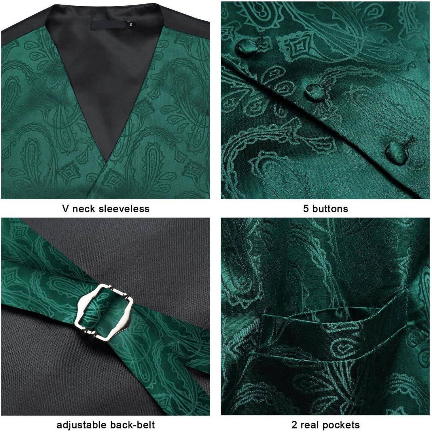 Vier Bilder präsentieren eine grüne Paisley-Weste mit V-Ausschnitt, fünf Knöpfen, verstellbarem Rückengürtel und zwei echten Taschen.