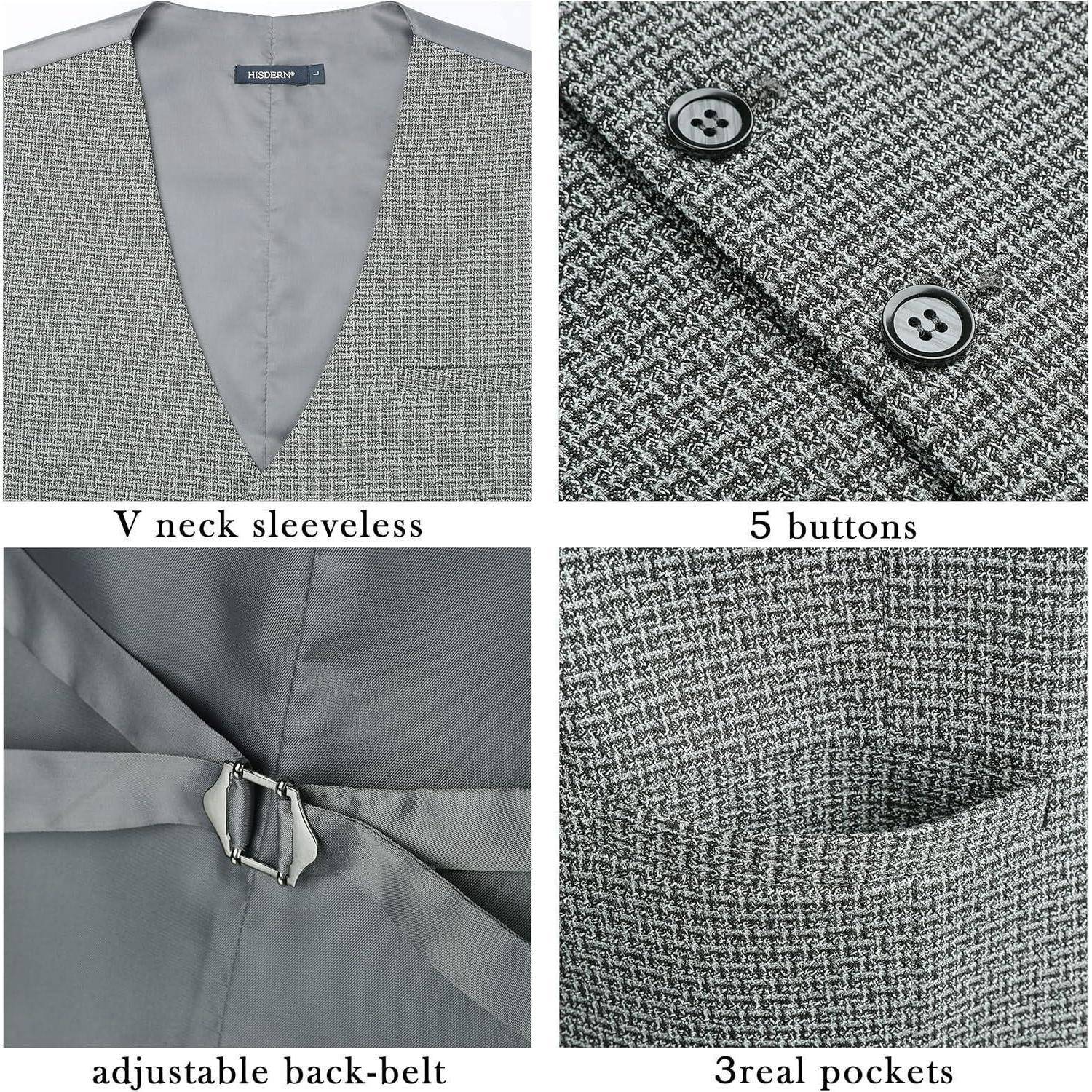 Ein vierteiliges Bild einer Hahnentrittmuster-Weste mit Detailbeschreibung: ärmelloses Design mit V-Ausschnitt, fünf Knöpfen, verstellbarem Rückengürtel und drei echten Taschen.