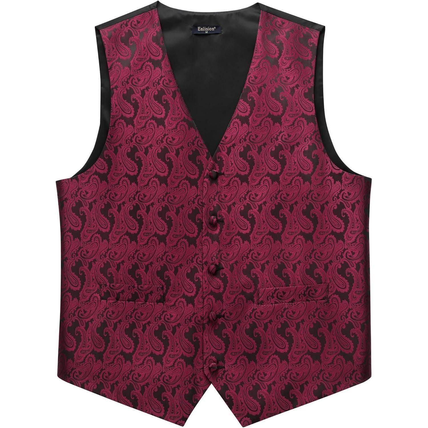 Eine rote Paisley-gemusterte Weste mit schwarzem Besatz und Knöpfen.