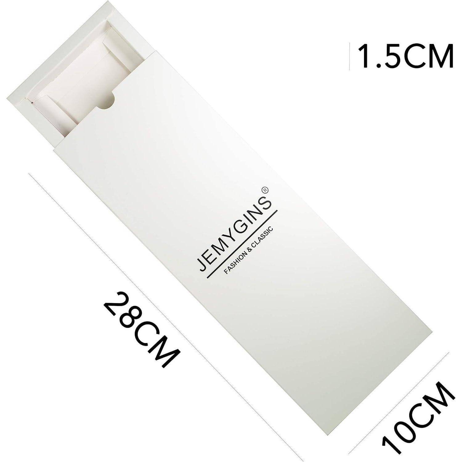 Weiße rechteckige Schachtel mit Beschriftung 'JEMYGINS Fashion & Classic' mit Abmessungen: 28 cm Länge, 10 cm Breite, 1,5 cm Höhe.
