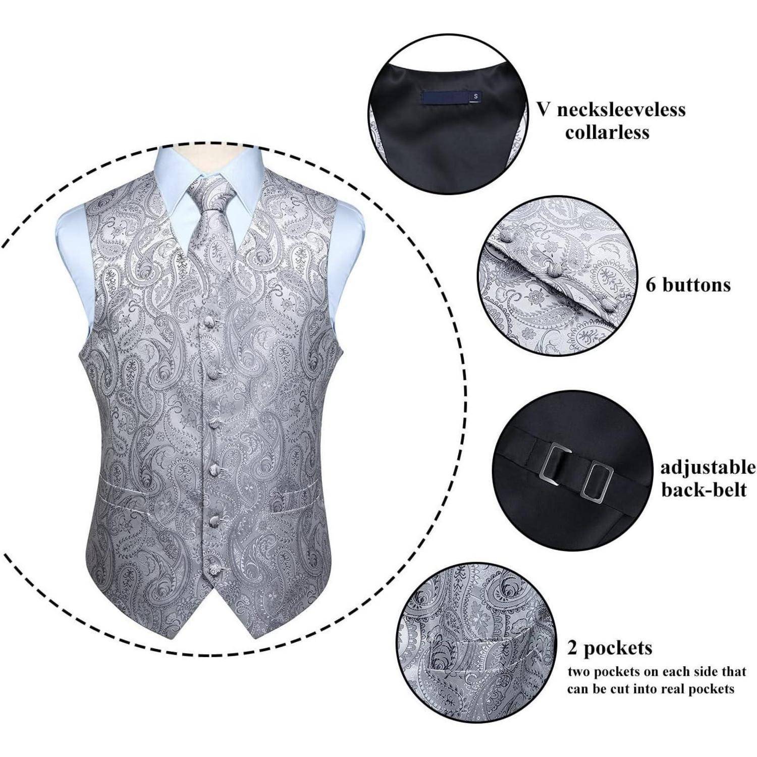 Graue Paisley-Weste mit V-Ausschnitt und sechs Knöpfen. Ausgestattet mit einem verstellbaren Rückengürtel und zwei Taschen. Layout beinhaltet detaillierte Nahaufnahmen.