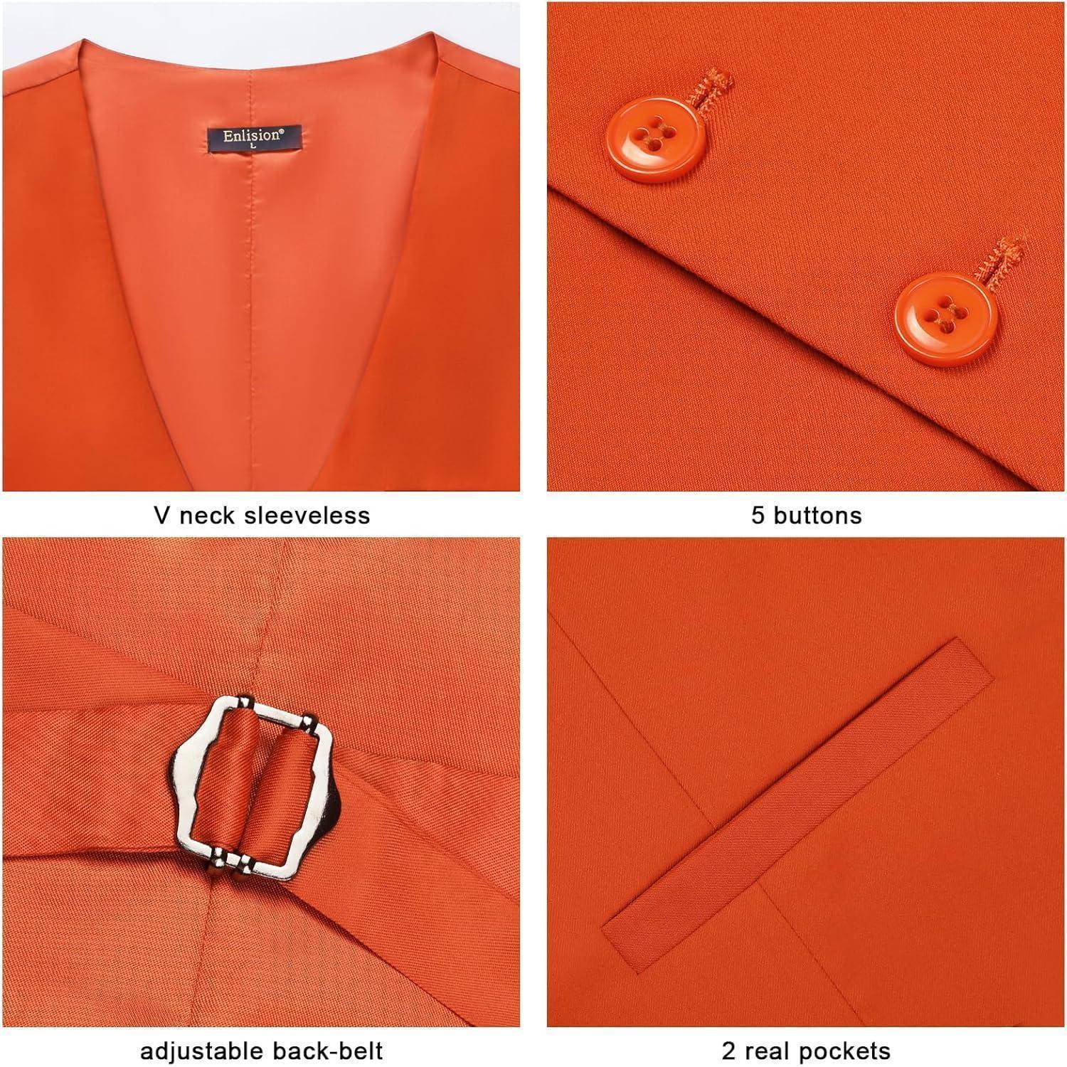 Orange ärmelloses V-Ausschnitt-Kleidungsstück mit fünf Knöpfen, verstellbarem Rückengürtel und zwei echten Taschen.