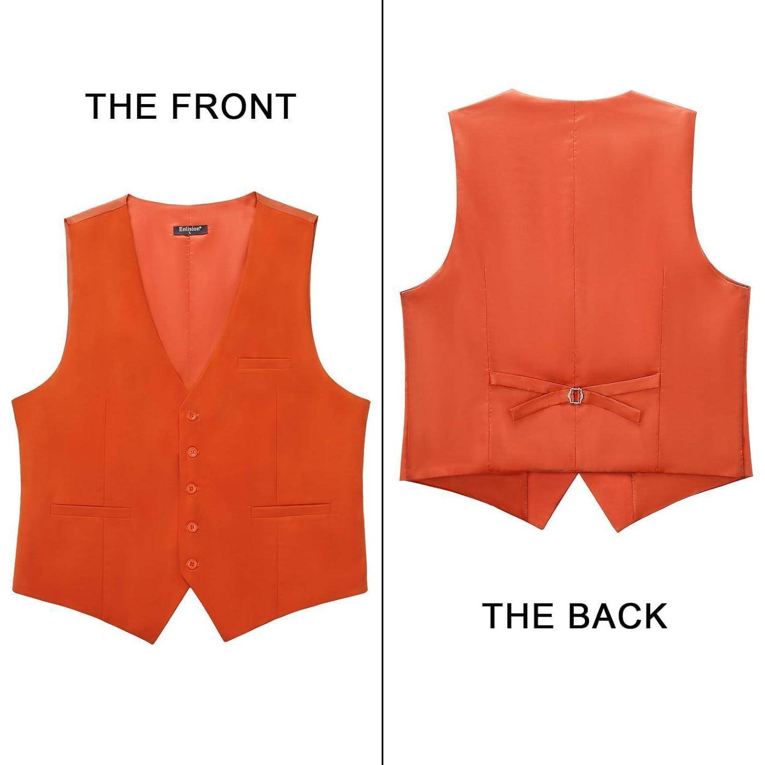 Das Bild zeigt eine orangefarbene Weste mit Frontansicht, die Knöpfe und Taschen zeigt, und Rückansicht mit einem verstellbaren Riemen.