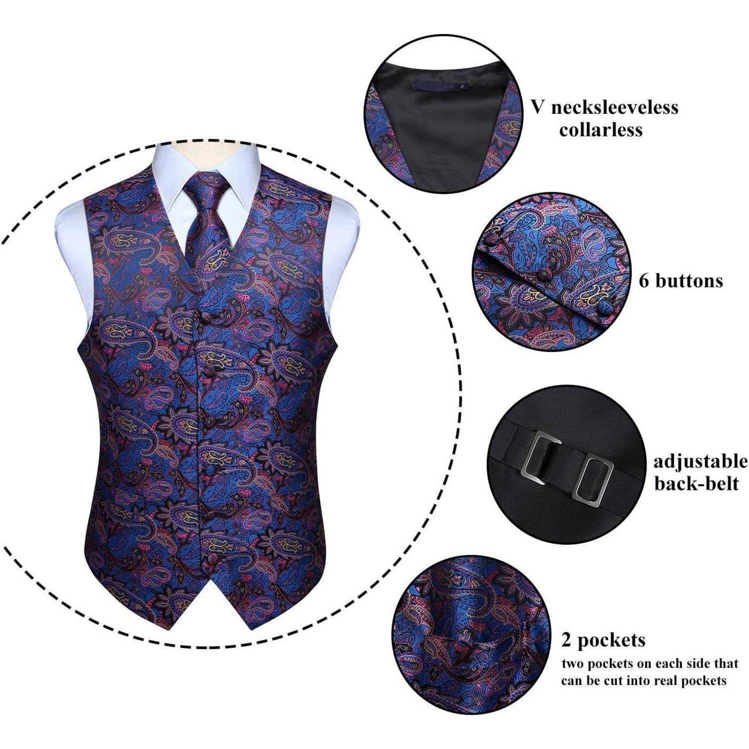 Eine Herrenweste mit Paisleymuster, V-Ausschnitt, ärmellos, sechs Knöpfen, verstellbarem Rückengürtel und zwei Taschen, die zu echten Taschen verarbeitet werden können.