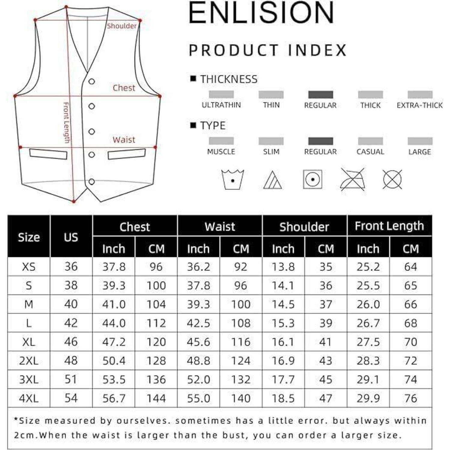 ENLISION Produkt-Index' Größentabelle für Westen. Zeigt Größenoptionen (M bis 4XL) mit Maßangaben in Zoll und Zentimetern für Brustumfang, Taille, Schulterbreite und Vorderlänge.