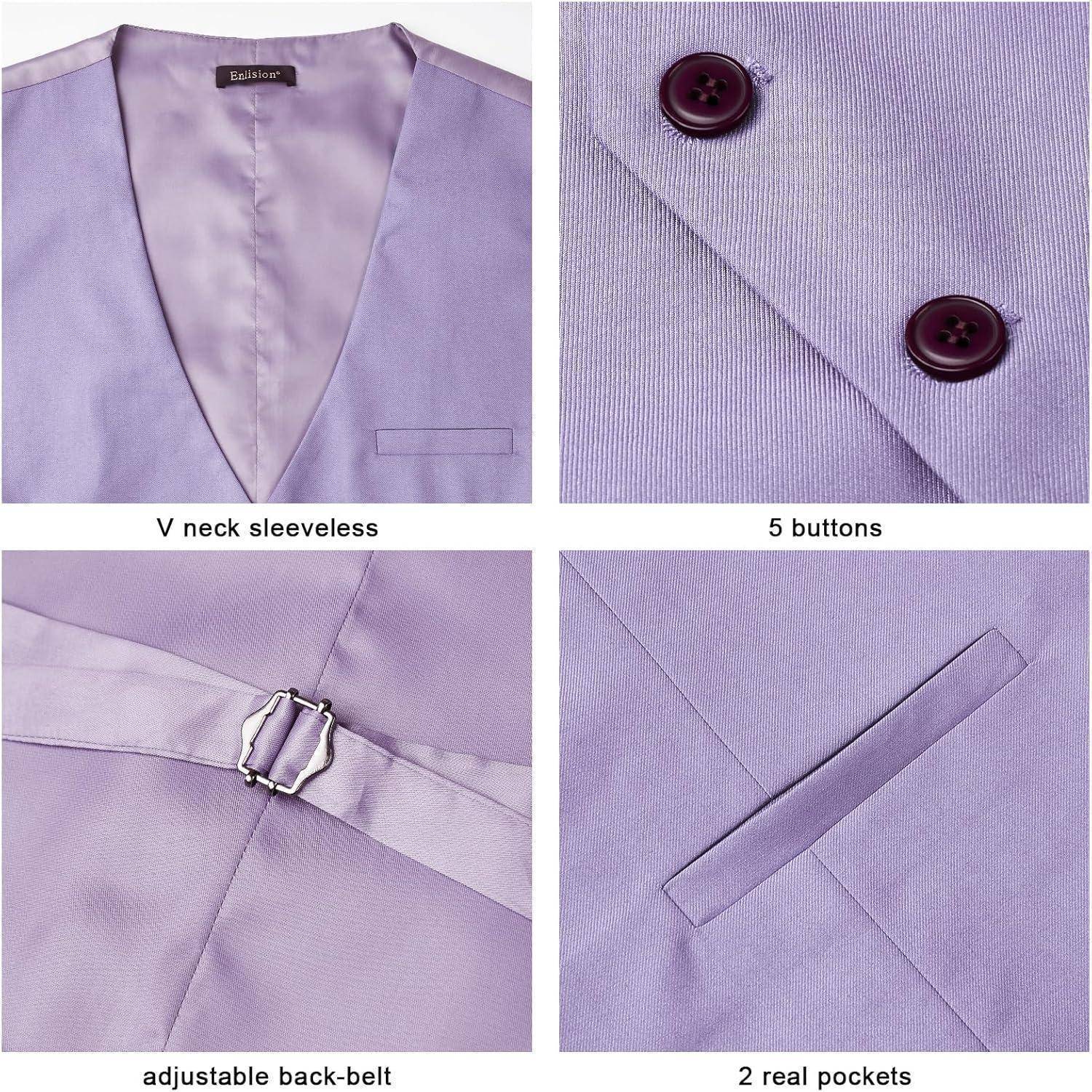 Vier Bilder, die Details einer Lavendel-Weste zeigen: Ärmelloses Design mit V-Ausschnitt, 5 Knöpfen, verstellbarem Rückengürtel und 2 echten Taschen.