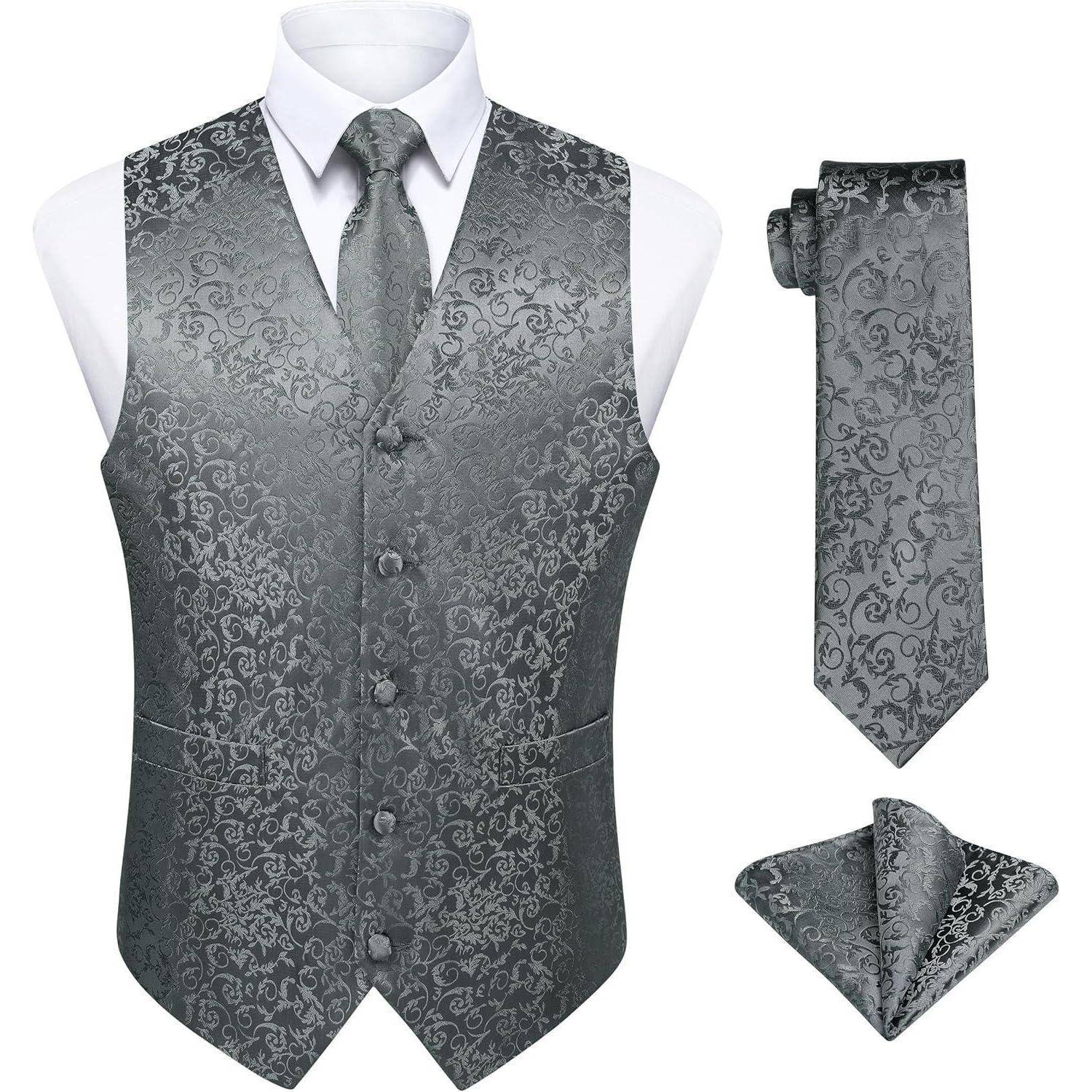 Weste Herren Paisley Jacquard Krawatte Einstecktuch Anzug XXL 001-Grau