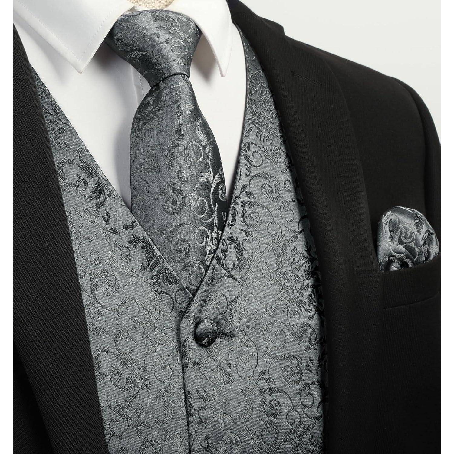 Weste Herren Paisley Jacquard Krawatte Einstecktuch Anzug XXL 001-Grau