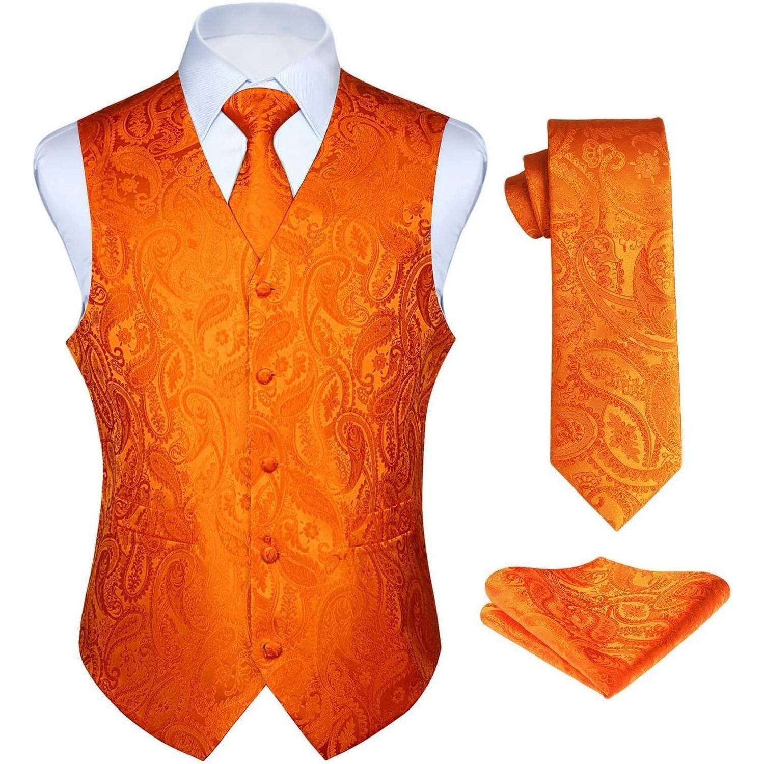Anzugweste Herren Hochzeit Paisley Krawatte Einstecktuch Orange XXL