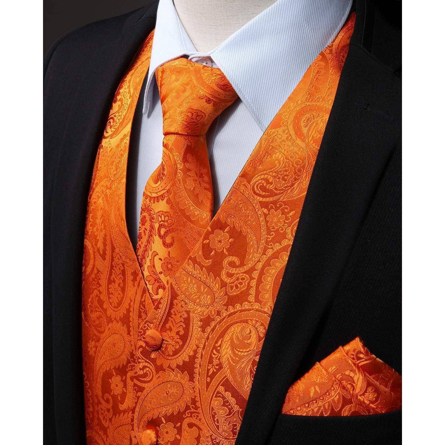 Anzugweste Herren Hochzeit Paisley Krawatte Einstecktuch Orange XXL