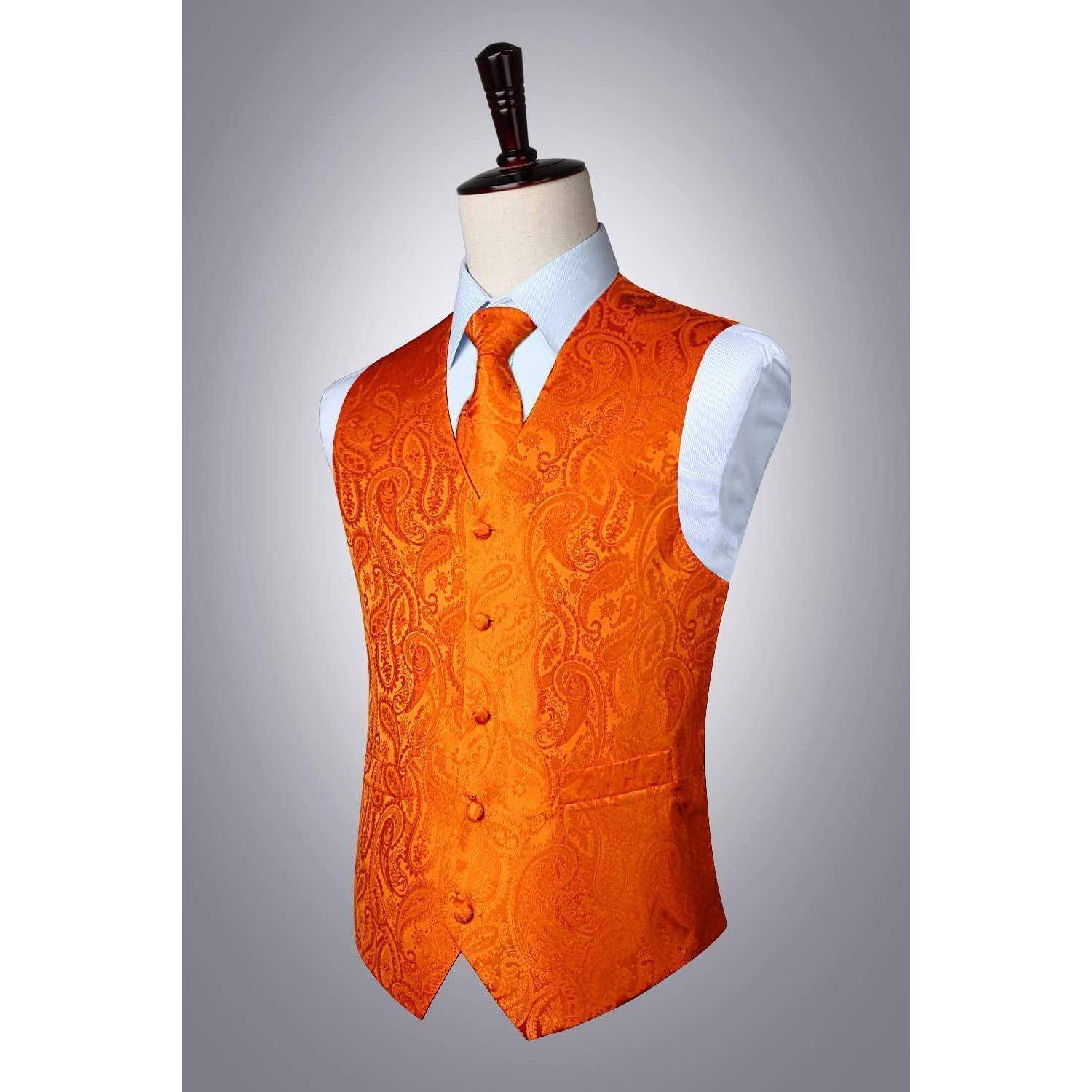 Anzugweste Herren Hochzeit Paisley Krawatte Einstecktuch Orange XXL