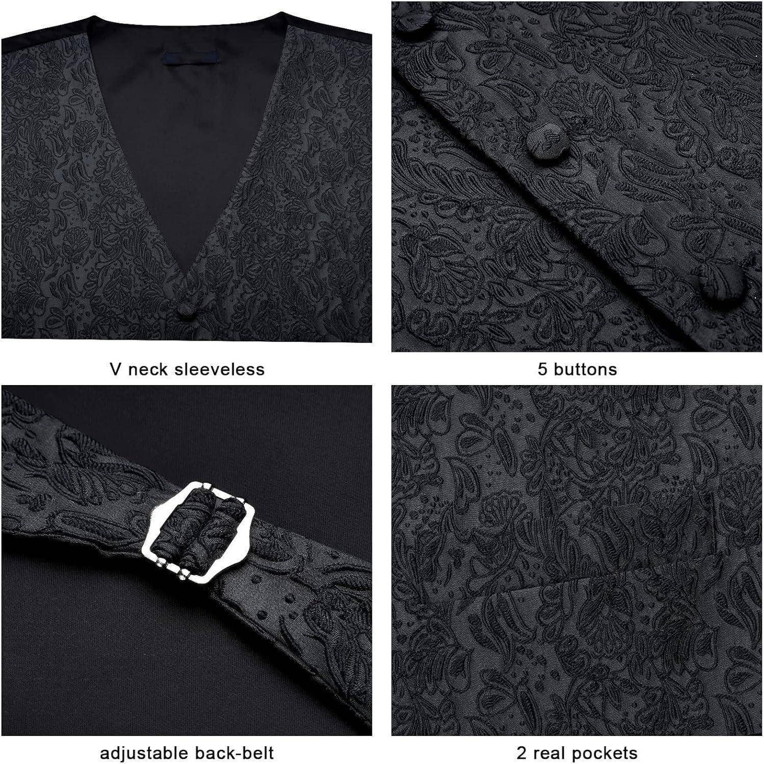Schwarze Weste mit V-Ausschnitt, ärmelloses Design, 5 Knöpfen, Paisleymuster, verstellbarem Rückengürtel und 2 echten Taschen.