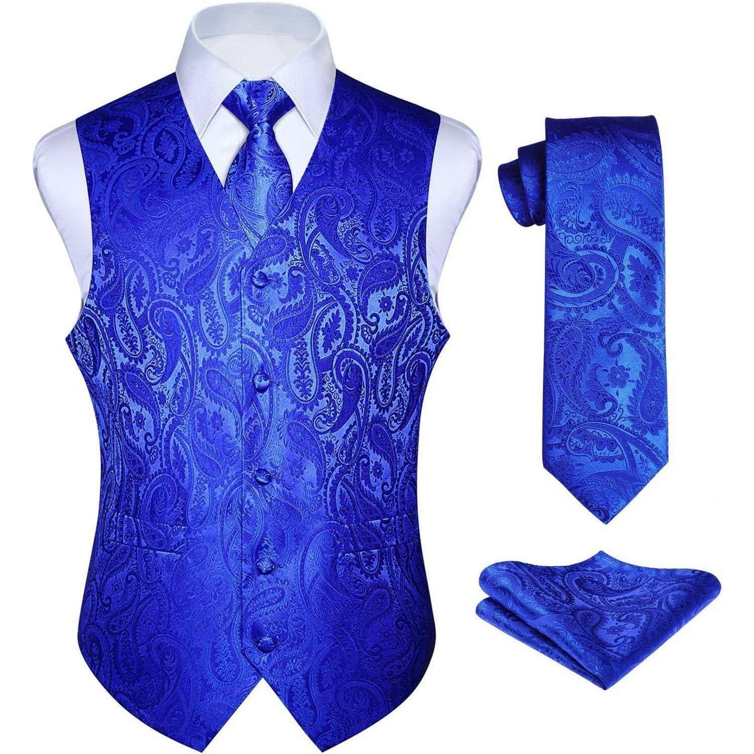 Anzugweste Herren Krawatte Einstecktuch Paisley Hochzeit Blau-L M