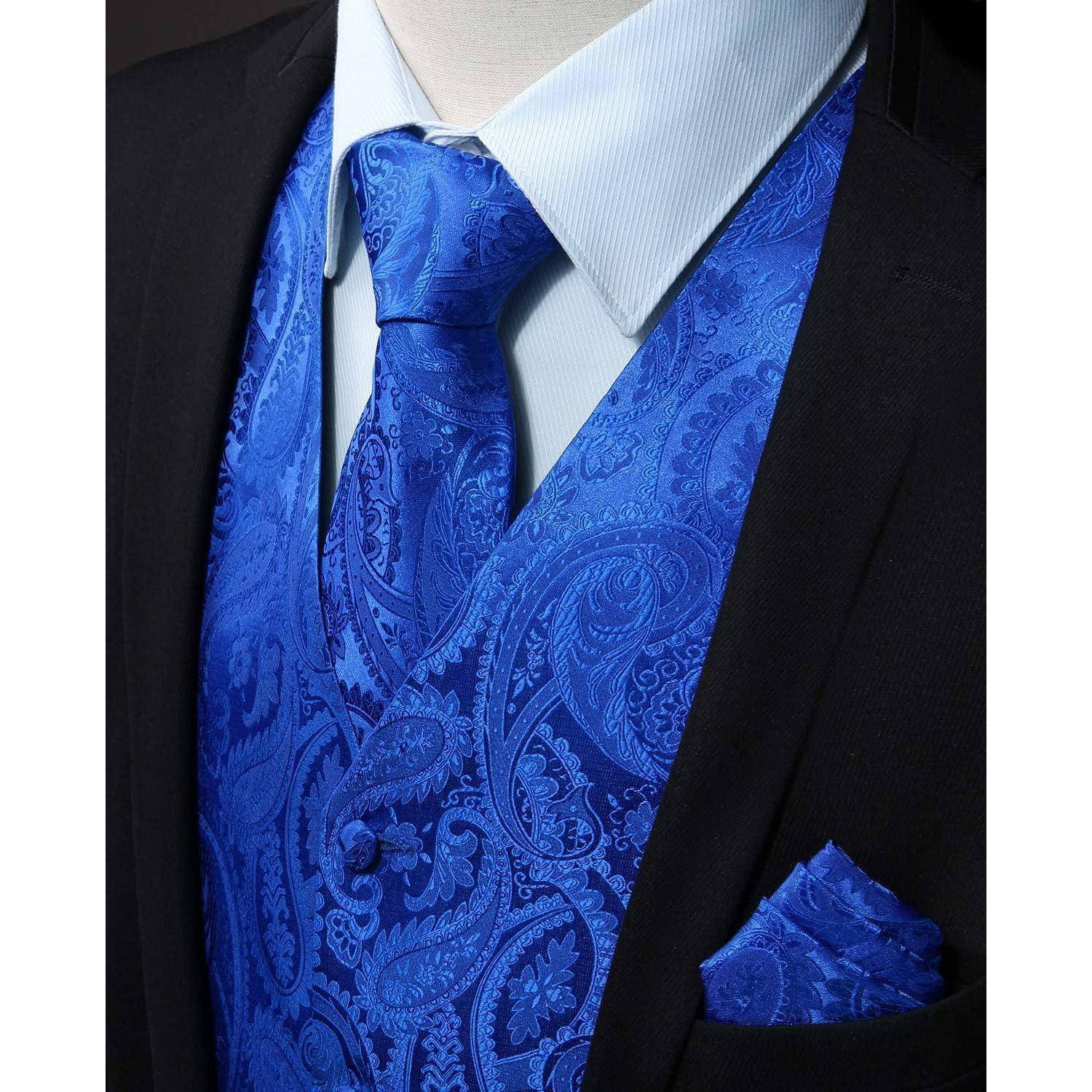 Anzugweste Herren Krawatte Einstecktuch Paisley Hochzeit Blau-L M