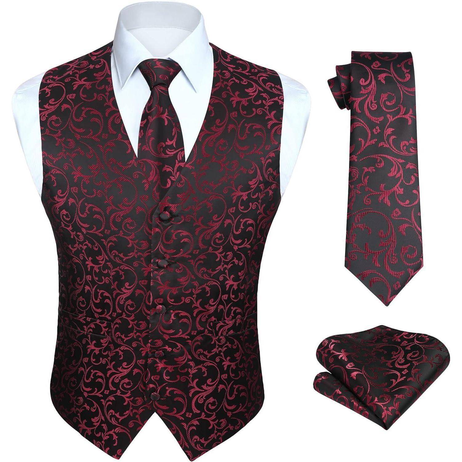 Eine schwarze und rote paisleymusterige Weste und eine passende Krawatte mit gefalteter Einstecktuch, auf einem weißen Hintergrund präsentiert.