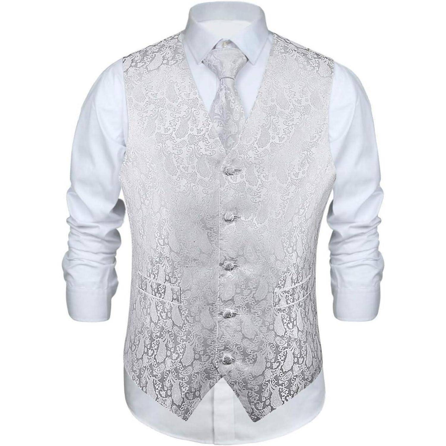 Anzugweste Herren Hochzeit Krawatte Paisley Einstecktuch Weiß XL
