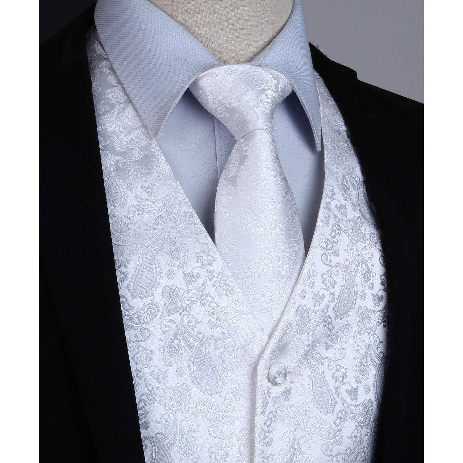 Anzugweste Herren Hochzeit Krawatte Paisley Einstecktuch Weiß XL