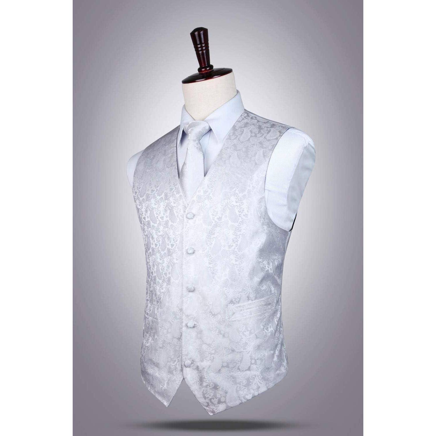 Anzugweste Herren Hochzeit Krawatte Paisley Einstecktuch Weiß XL