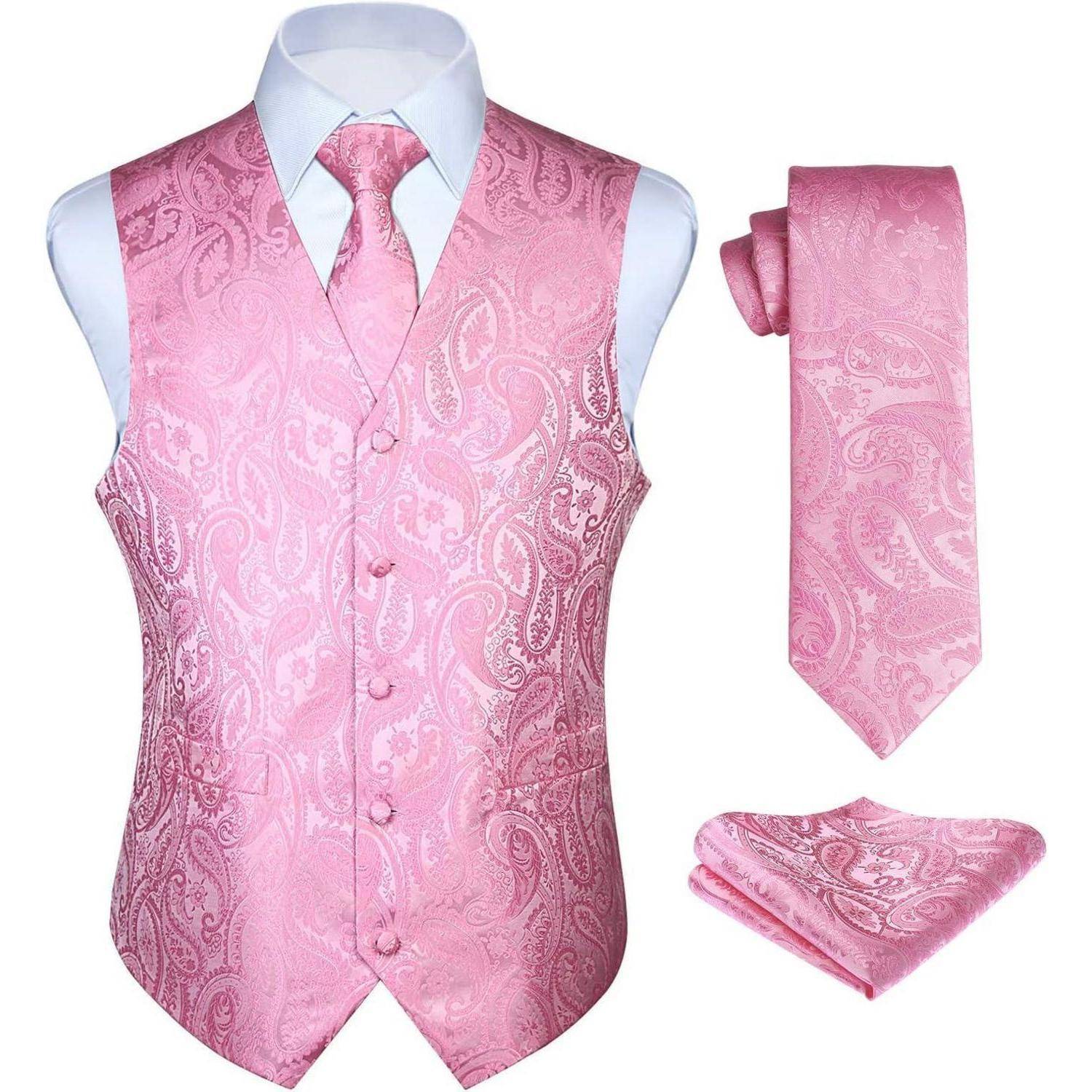 Anzugweste Herren Hochzeit Paisley Krawatte Einstecktuch Rosa L