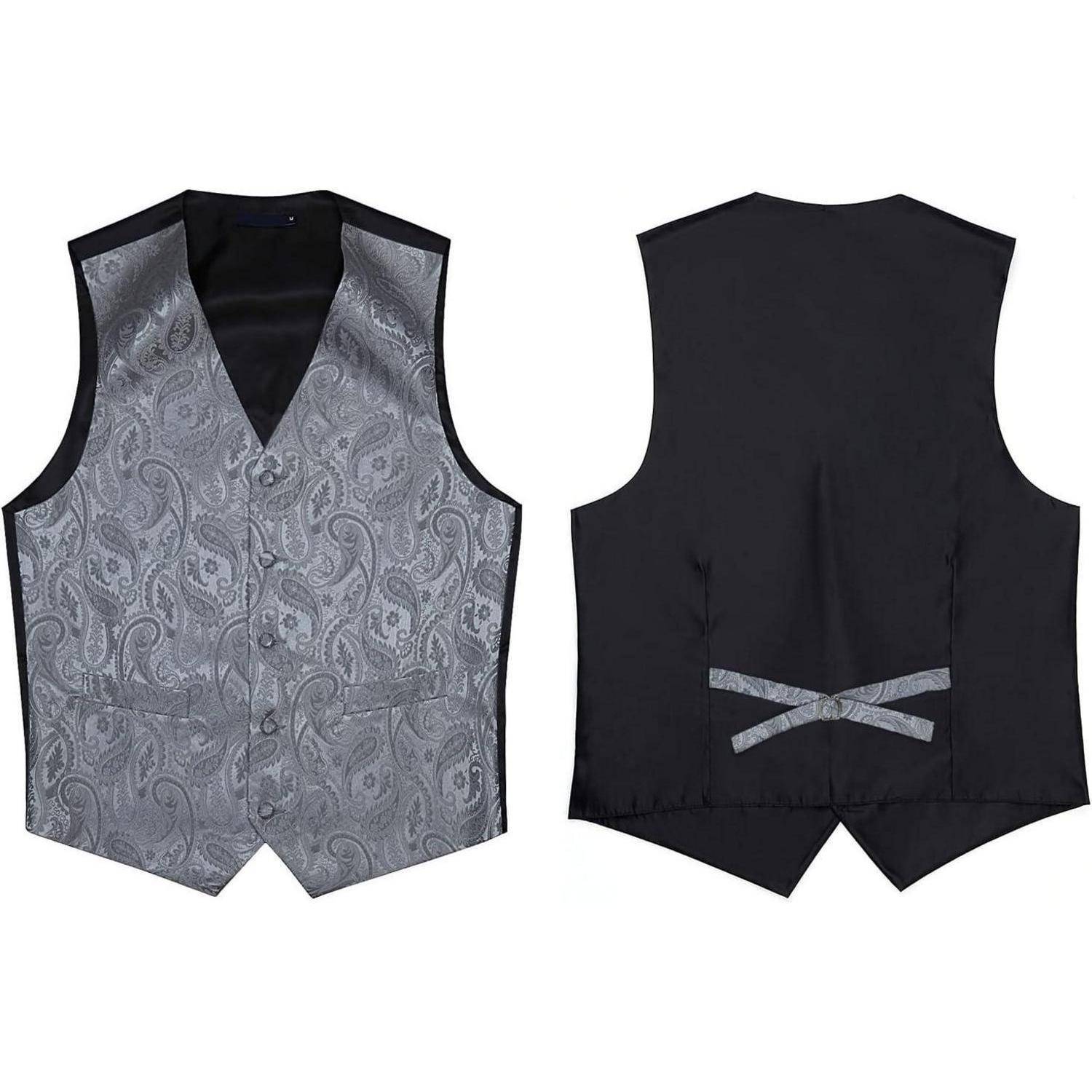 Vorder- und Rückansicht einer grauen Paisley-Weste mit schwarzem Rücken, versehen mit einem Satin-Finish und verstellbarem Rückenriemen.
