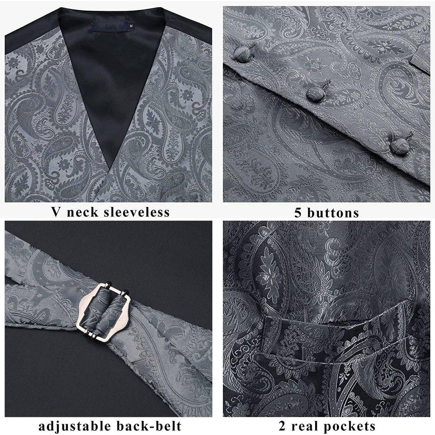Graue Paisley-Weste mit V-Ausschnitt, ärmelloser Schnitt, 5 Knöpfen, verstellbarem Rückengürtel und 2 echten Taschen.