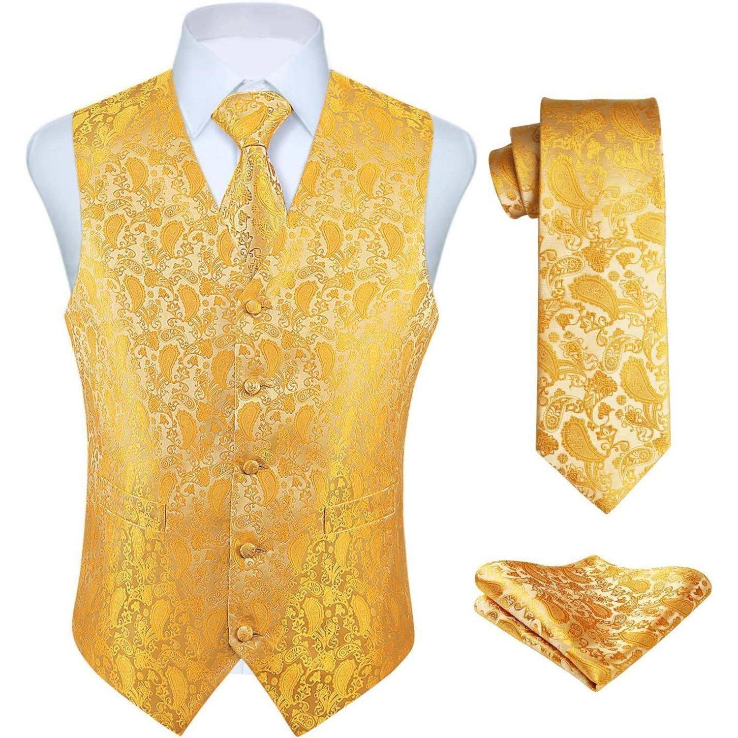 Anzugweste Herren Hochzeit Paisley Krawatte Set Gelb XXL