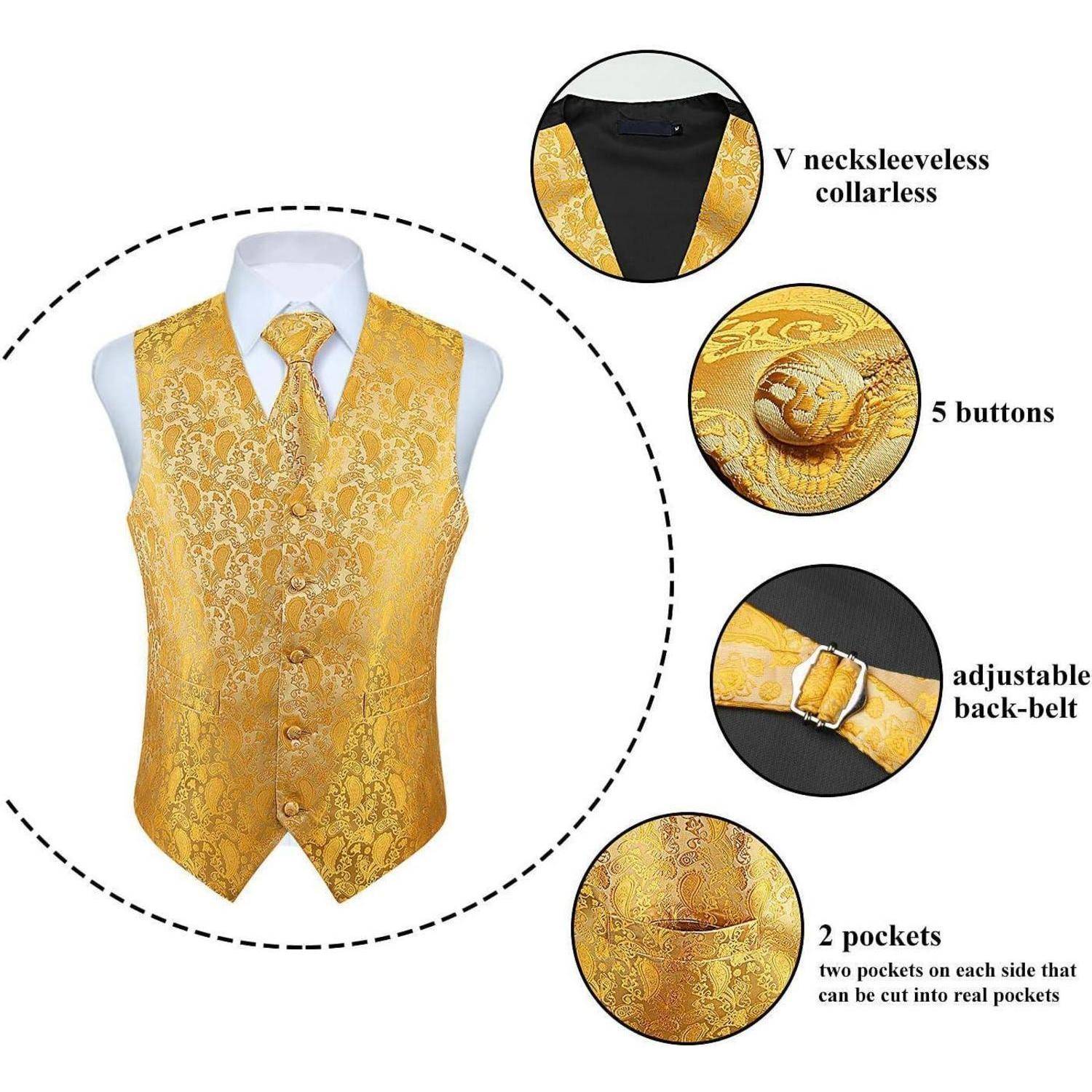 Anzugweste Herren Hochzeit Paisley Krawatte Einstecktuch Gelb M