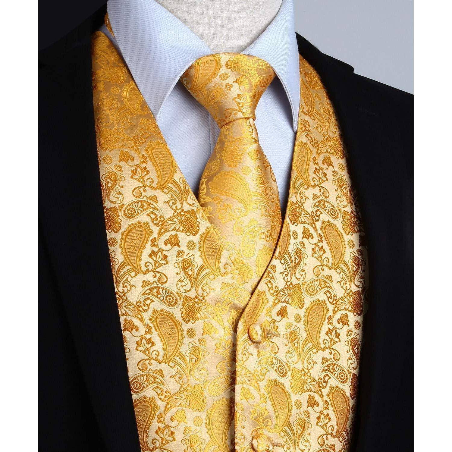Anzugweste Herren Hochzeit Paisley Krawatte Einstecktuch Gelb M