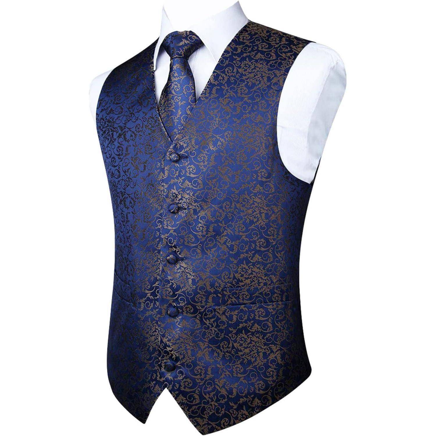 Anzugweste Herren Paisley Jacquard Krawatte Einstecktuch Marine-3 4XL